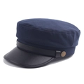 Dark blue newsboy cap with black faux leather brim and vintage bronze metal button - M (56-58cm) / Navy Blue