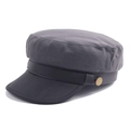Gray flat top newsboy hat with black leather brim and golden metal buckle accents - M (56-58cm) / Gray