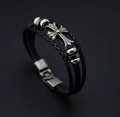 Bracciale multistrato in pelle nera intrecciata vintage con croce argento e chiusura magnetica - Croce / Nero