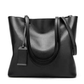 Classic black leather tote bag with dual shoulder straps and metallic tag detail - Black