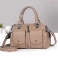 Taupe pebbled leather handbag with dual handles and crossbody strap for women - Khaki