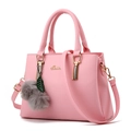 Pink PU leather tote bag with gold logo, furry charm, and detachable shoulder strap - Pink