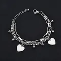 Double-layer stainless steel heart bracelet with ball charm and adjustable lobster clasp - Silver
