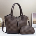 Brown quilted tote bag and makeup pouch set with gold hardware and shoulder strap - Coffee
