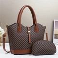 Classic brown checkered tote bag set with matching pouch and premium leather straps - Coffee with Brown
