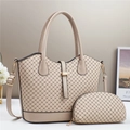 Detail of beige tote bag set with black diamond pattern and golden hardware accessories - Khaki