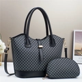 Detail of two-piece tote bag set with blue diamond pattern and gold hardware accents - Black