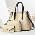 Three-piece off-white lychee grain PU leather tote bag set with dark brown handle details - Off White