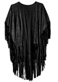 Minimalist black hollowed-out suede poncho for women featuring vintage tassel fringe design - Black (9#) / Over 175cm