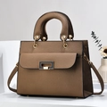 Brown litchi grain leather handbag with gold buckle and adjustable shoulder strap - Khaki