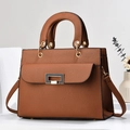 Elegant brown litchi pattern leather handbag with gold metal clasp and top handle - Khaki/Earth Yellow