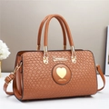 Women's elegant brown woven texture handbag with heart-shaped gold plaque and crossbody strap - Khaki/Earth Yellow