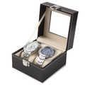 Black leather watch box with 2 slots, glass display window and secure metal lock - 2-Slot Watch Organizer Box / Black