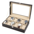 Black leather 10-slot watch display box with clear glass lid and beige velvet lining - 12-Slot Watch Organizer Box