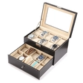 Double layer black leather watch box with 12 slots and transparent window - Double Layer 20-Slot Watch Box / Black