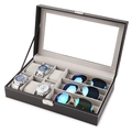 Black leather watch and sunglasses organizer with 6 watch slots and 3 glasses slots - Watch and Glasses Organizer Case / Black