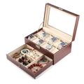 Double-layer brown PU leather watch and jewelry box with glass window and six slots - Double Layer Watch and Jewelry Box / Brown