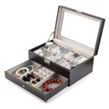 Two-tier black leather watch box with 6 slots, jewelry drawer, and clear viewing window - Double Layer Watch and Jewelry Box / Black