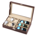 Dark brown leather box featuring 6 watch slots and 3 eyewear compartments - Watch and Glasses Organizer Case / Brown