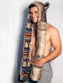 Three-in-one faux fur animal hood scarf and gloves set in grey with ethnic liner - Snowflake Fabric Tricolor Fur