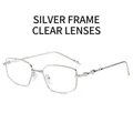 Silver rectangular metal frame sunglasses with clear lenses and geometric detail - Silver Frame Clear Lenses