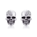 Silver skull stud earrings featuring half-set white cubic zirconia stones with reflections - Skull (A00402) / Silver