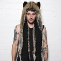 Wolf style faux fur 3-in-1 hood scarf with gloves in natural brown and black texture - Tricolor Fur
