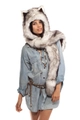 Wolf style gray faux fur hat scarf and glove 3-in-1 combo with cute animal ears - White with Black Tip Faux Fur