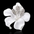 Elegant white enamel rose brooch with sparkling crystal center on a black background - White