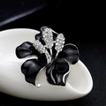 Exquisite black enamel rose brooch with crystal rhinestones on a silver metal base - Black