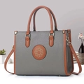 Elegant grey contrast stitching tote bag with lychee texture and gold accents - Gray