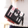 Cute three cats pattern women's short wallet in black pink and white color block - Black