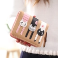 Short khaki wallet for women featuring cute cartoon three cats patch and side zipper - Tan