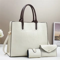 Elegante set di 3 borse da donna color crema con manici marroni e motivi geometrici chic - Bianco avorio