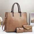 Conjunto de 3 piezas de bolso tote camel, sobre y monedero con patrones geométricos de lujo - Caqui