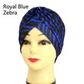 Sapphire blue and black zebra print turban hat with a stylish cross-pleat design - One Size / Royal Blue Zebra