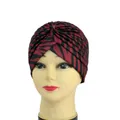 Elastic turban cap featuring burgundy and black zebra print with top knot detail - One Size / Wine Red Zebra