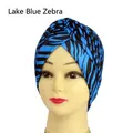 Leopard and zebra print turban hat in lake blue and black for street dance and yoga - One Size / Lake Blue Zebra