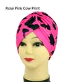 Rose red cow print turban hat made of elastic knitted fabric for yoga and hip hop styles - One Size / Rose Red Cow Print