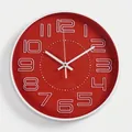 Modern 12 inch wall clock featuring a red dial with 3D white numerals and white frame - Red