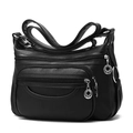 Classic black soft leather crossbody shoulder bag for women with multi-zipper pockets - Black
