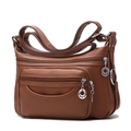 Brown soft PU leather crossbody bag with multiple zipper pockets for women - Tan