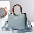 Chic macaron canvas shoulder bag with tortoiseshell handle and wide woven strap - Sky Blue