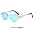 Occhiali da sole ovali in metallo argento con lenti a specchio azzurre, modello C9 - Montatura Argento Specchiato Blu Ghiaccio