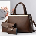 Three-piece dark brown handbag set with gold hardware and envelope clutch for women - Three-Piece Set / Coffee