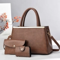 Three-piece brown leather handbag set including tote bag, envelope clutch and small wallet - Three-Piece Set / Dark Khaki