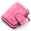 Kurze Damen Geldbörse aus rosa mattem Leder mit schwarzem Rand und Druckknopf - Rosenrot
