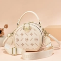 Chic beige round crossbody bag with litchi texture and stylish woven shoulder strap - Off-white