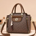 Brown monogram handbag with cat charm and tassel in faux leather for women - Coffee & Khaki Patchwork