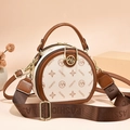 Retro monogrammed round cross-body bag in beige canvas with brown leather trim - White & Yellow Patchwork